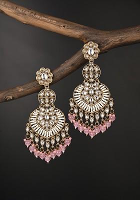 Gold Plated Artificial Stones Studded And Beaded Floral Shaped Chandbalis