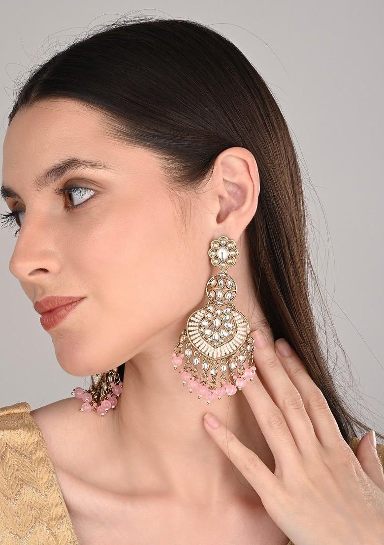 Gold Plated Artificial Stones Studded And Beaded Floral Shaped Chandbalis