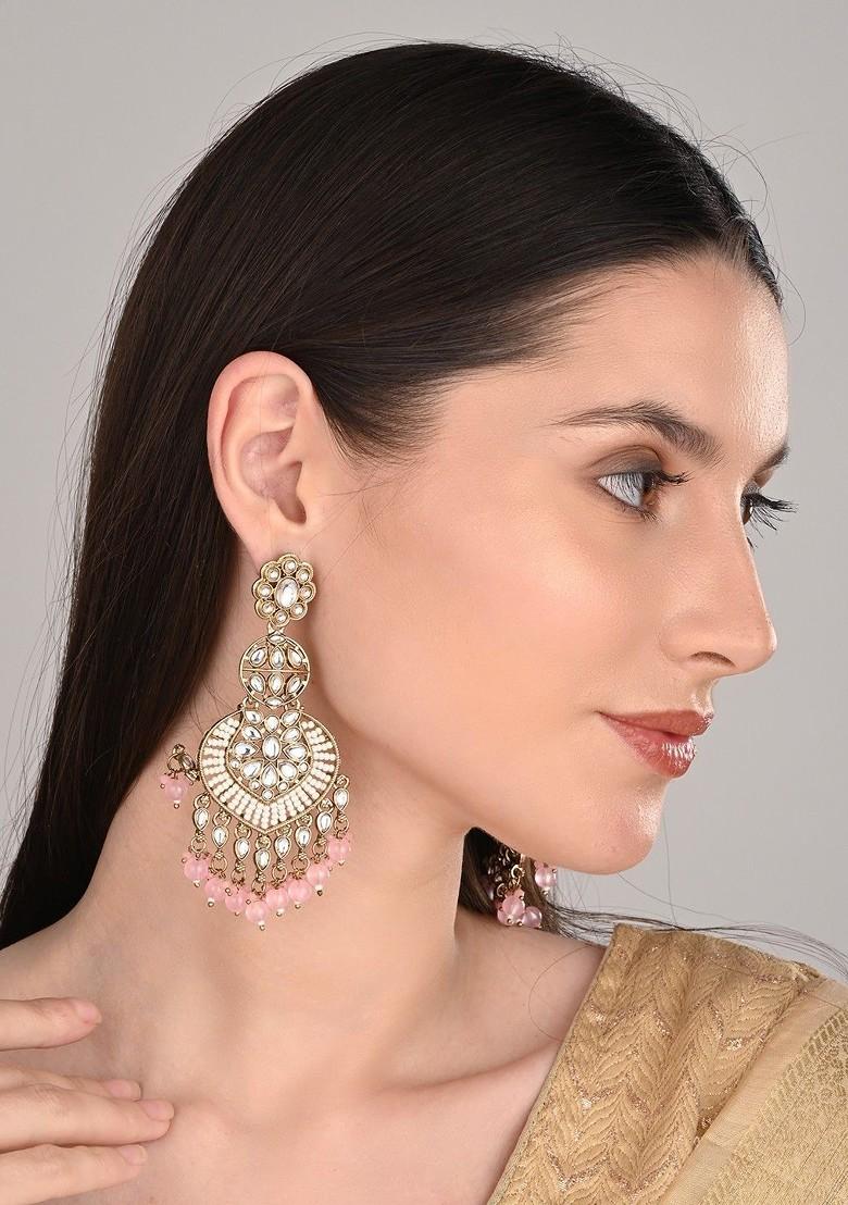 Gold Plated Artificial Stones Studded And Beaded Floral Shaped Chandbalis