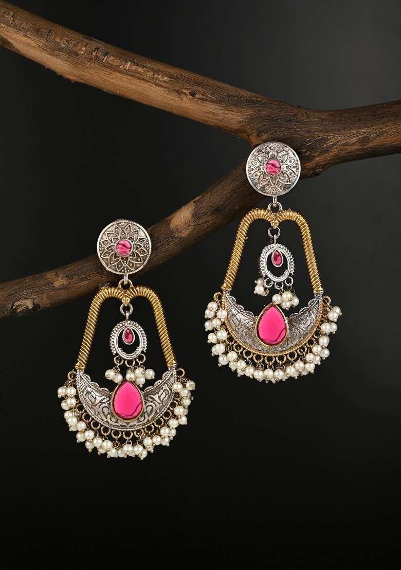 Gold Plated Artificial Stones Studded And Beaded Contemporary Drop Earrings - Indya