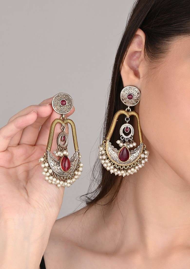 Gold Plated Artificial Stones Studded And Beaded Contemporary Drop Earrings - Indya