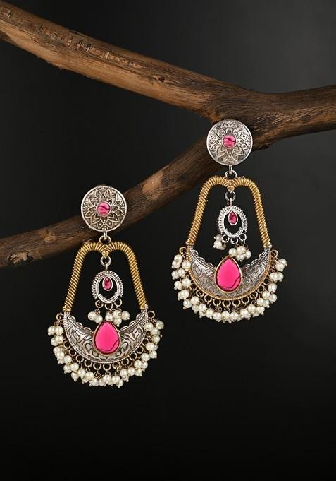 Gold Plated Artificial Stones Studded And Beaded Contemporary Drop Earrings
