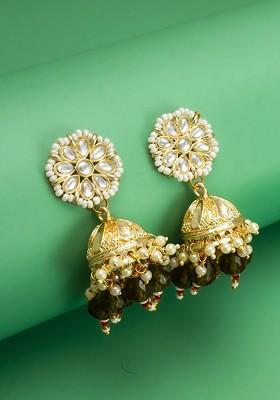 Gold Plated Kundan Studed And Perals Beaded Dome Shaped Jhumkas
