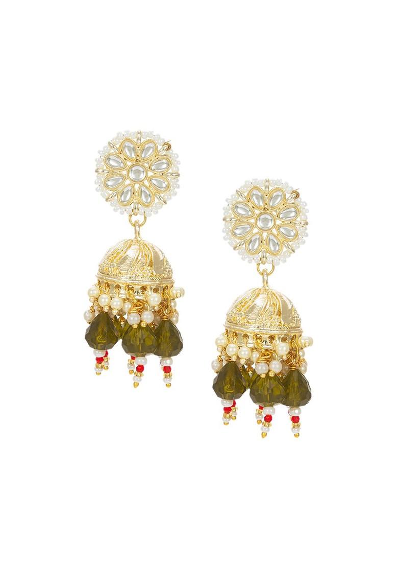 Gold Plated Kundan Studed And Perals Beaded Dome Shaped Jhumkas