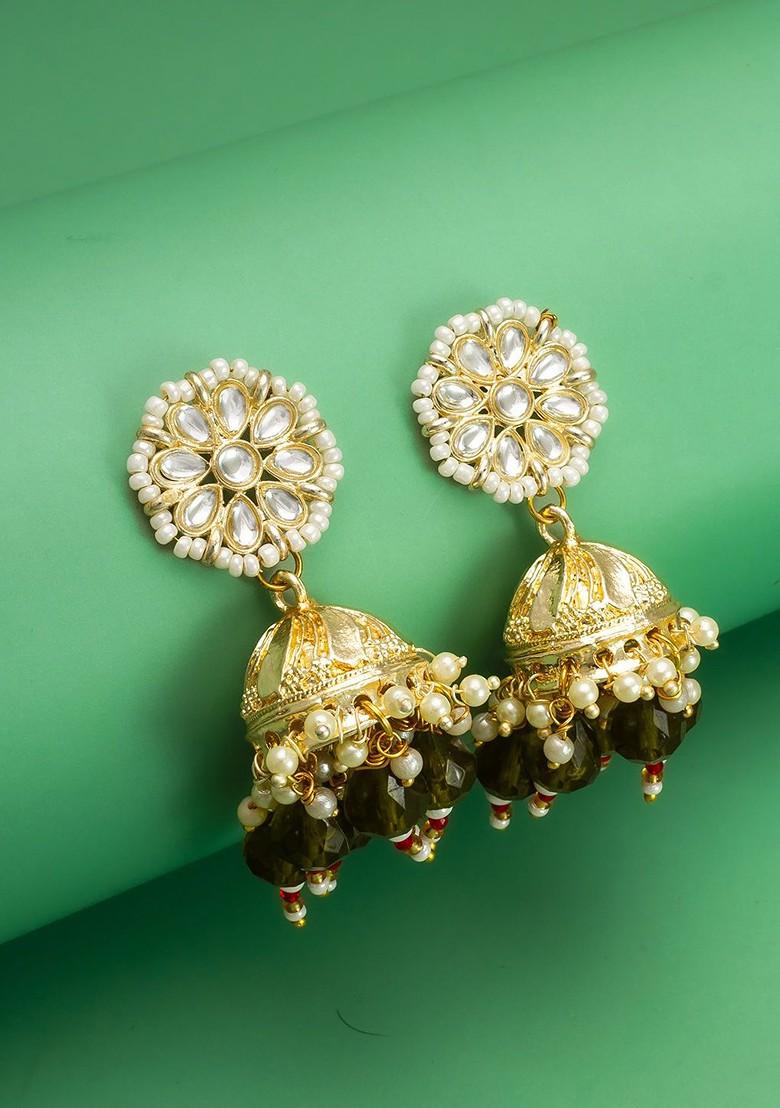 Gold Plated Kundan Studed And Perals Beaded Dome Shaped Jhumkas