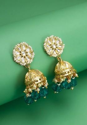 Gold Plated Kundan Studded And Pearls Beaded Dome Shaped Jhumkas
