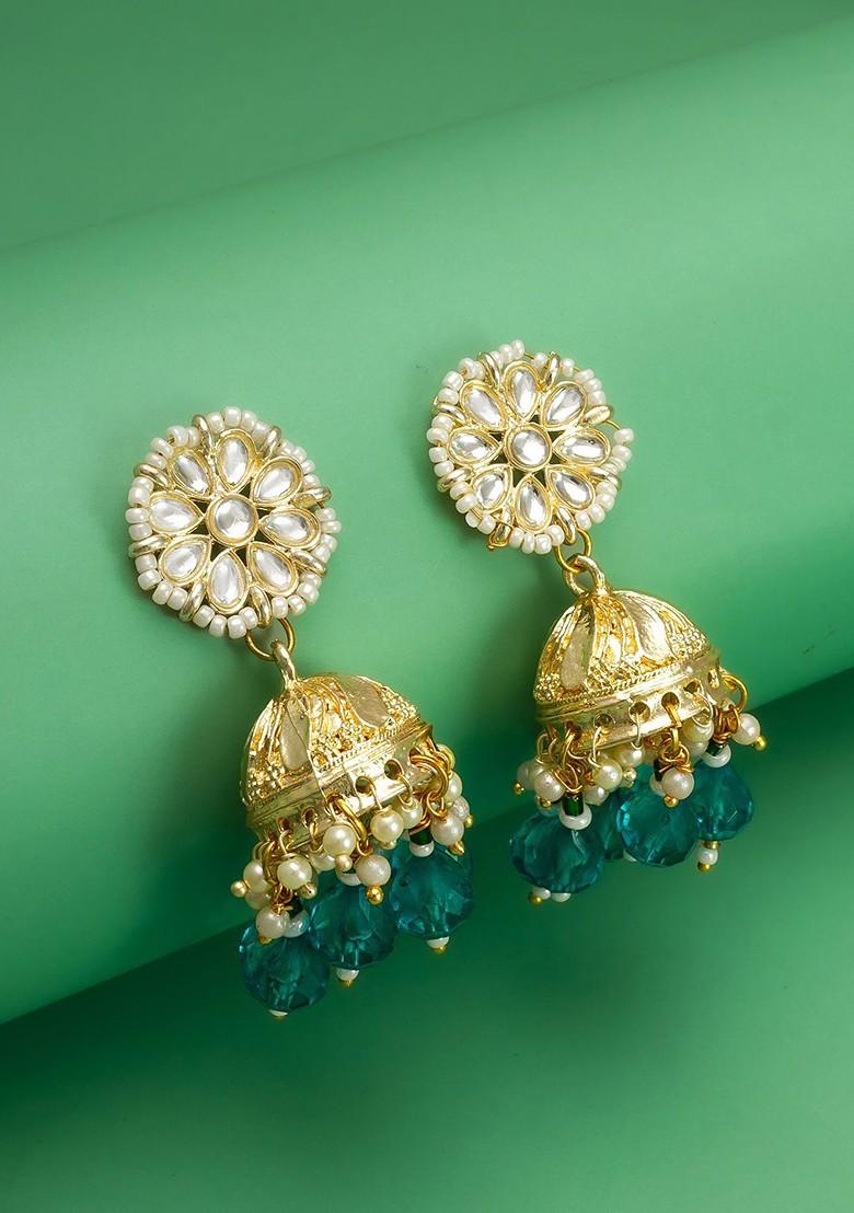 Gold Plated Kundan Studded And Pearls Beaded Dome Shaped Jhumkas