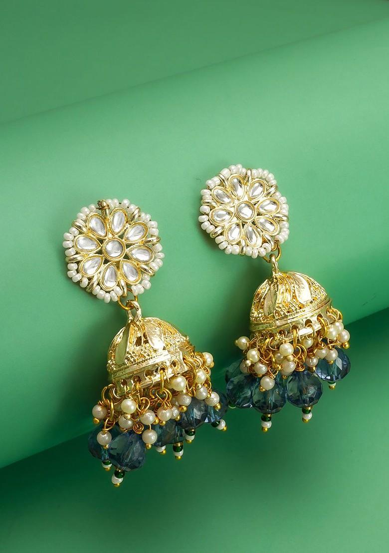 Gold Plated Kundan Studded And Pearls Beaded Dome Shaped Jhumkas