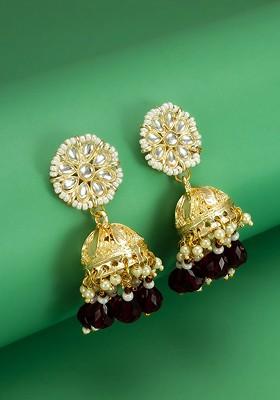 Gold Plated Kundan Studed And Perals Beaded Dome Shaped Jhumkas