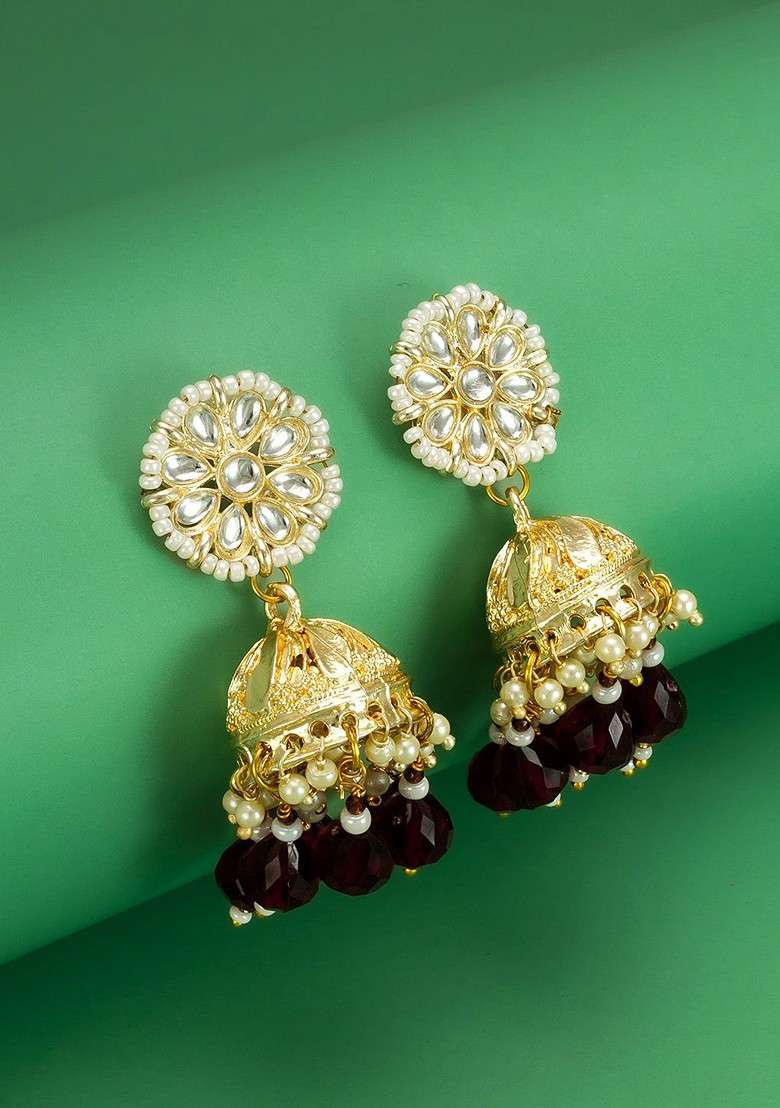 Gold Plated Kundan Studed And Perals Beaded Dome Shaped Jhumkas - Indya
