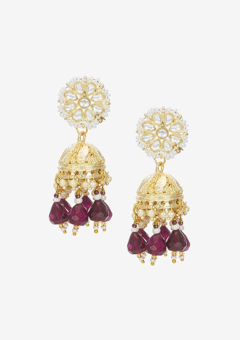 Gold Plated Kundan Studed And Perals Beaded Dome Shaped Jhumkas - Indya