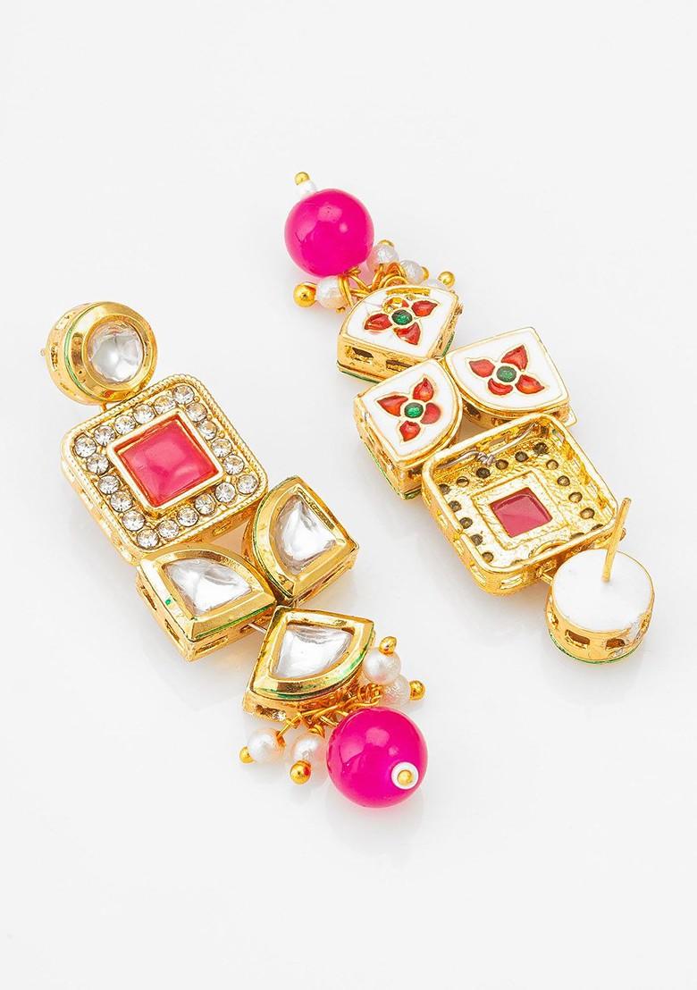 Gold Plated Classic Kundan And Ad Studded Drop Earrings