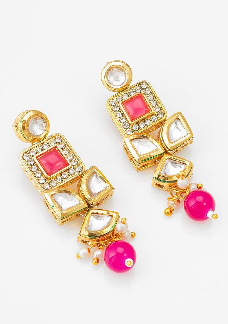 Gold Plated Classic Kundan And Ad Studded Drop Earrings