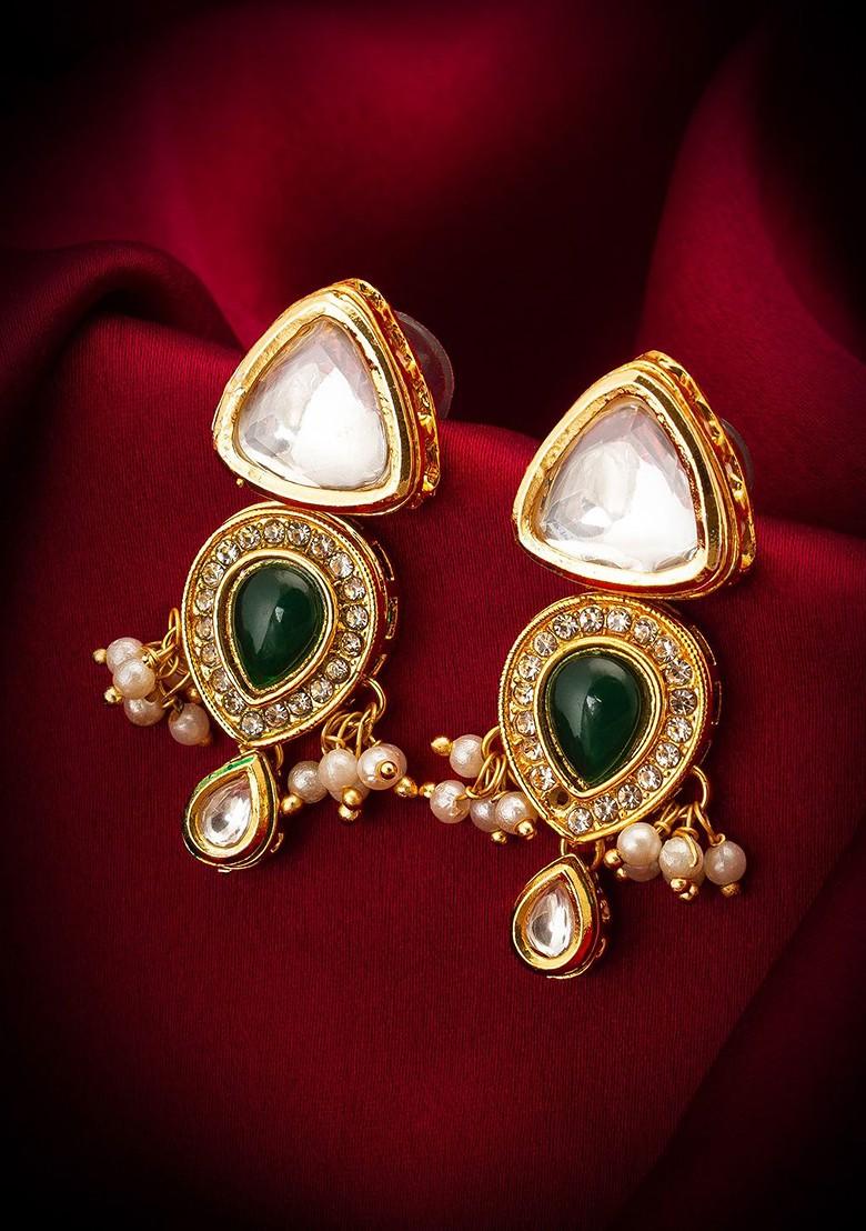 Gold Plated Kundan Studded And Pearl Beaded Contemporary Drop Earrings