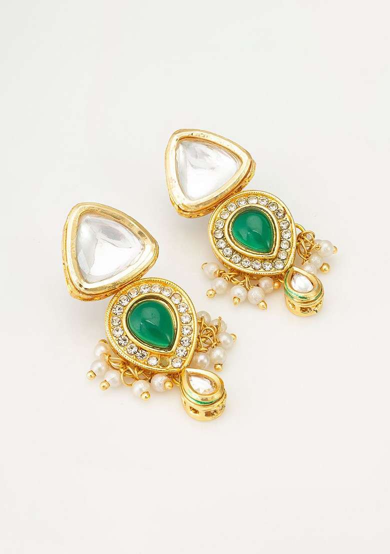 Gold Plated Kundan Studded And Pearl Beaded Contemporary Drop Earrings - Indya