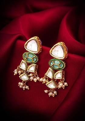 Gold Plated Kundan Studded And Pearl Beaded Contemporary Drop Earrings