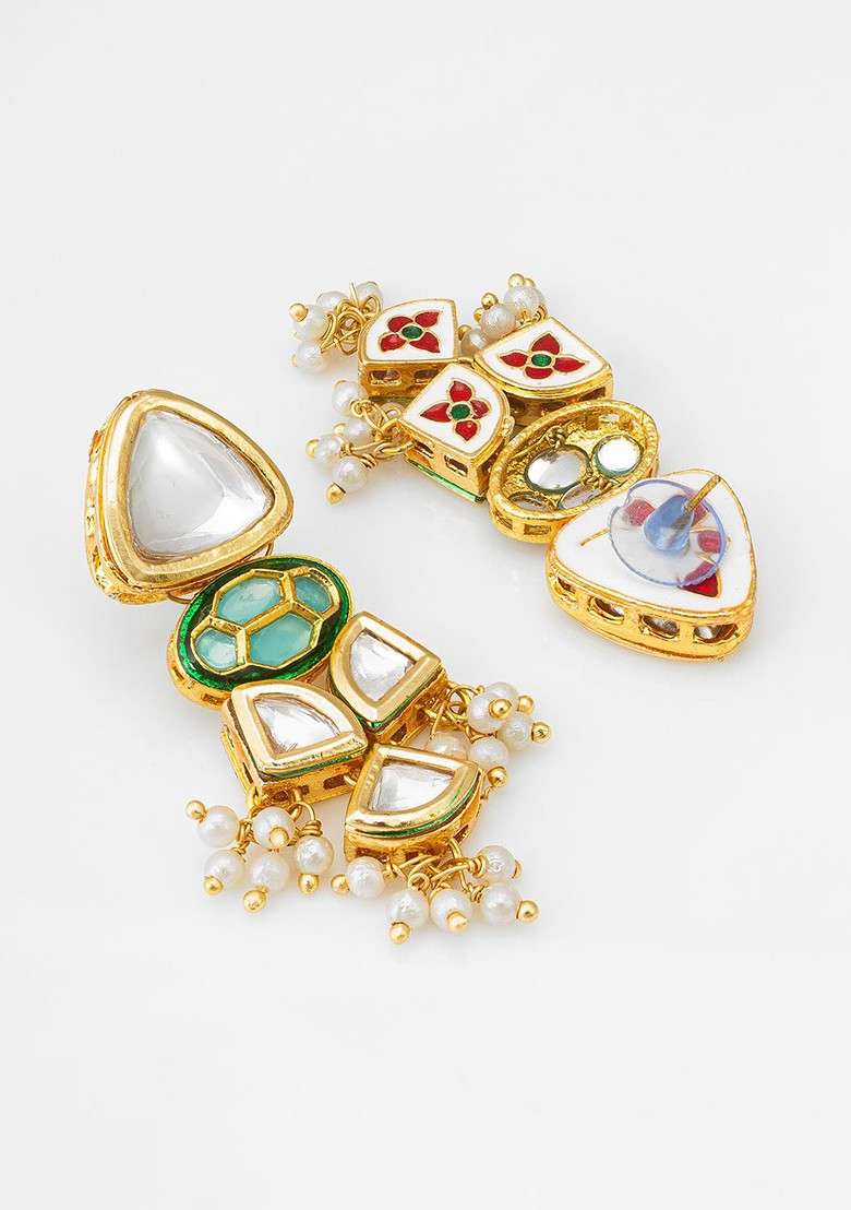 Gold Plated Kundan Studded And Pearl Beaded Contemporary Drop Earrings - Indya