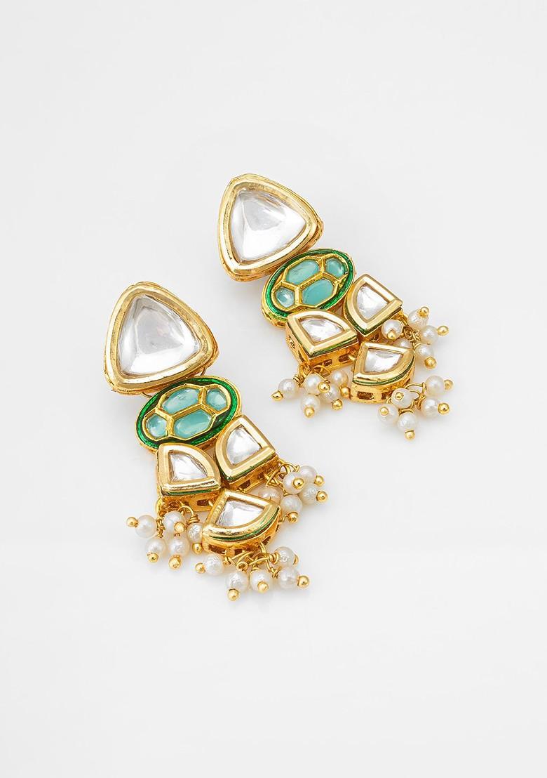Gold Plated Kundan Studded And Pearl Beaded Contemporary Drop Earrings