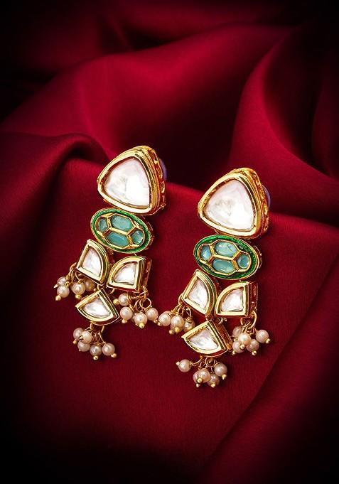 Gold Plated Kundan Studded And Pearl Beaded Contemporary Drop Earrings
