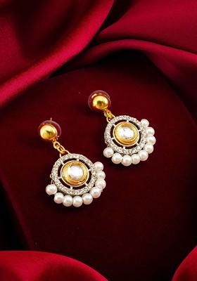 Gold Plated Classic Kundan And Ad Studded Drop Earrings