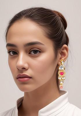 Gold Plated Kundan Studded Contemporary Drop Earrings