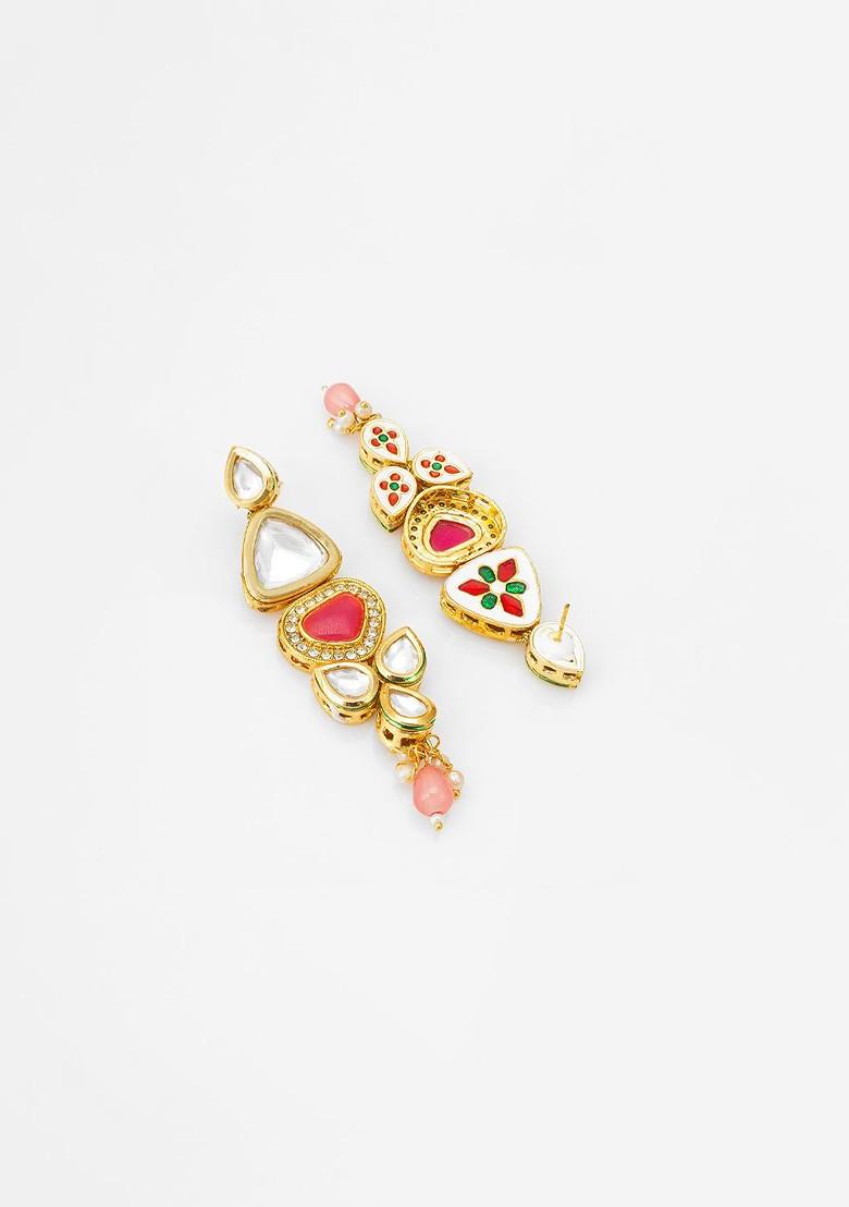 Gold Plated Kundan Studded Contemporary Drop Earrings