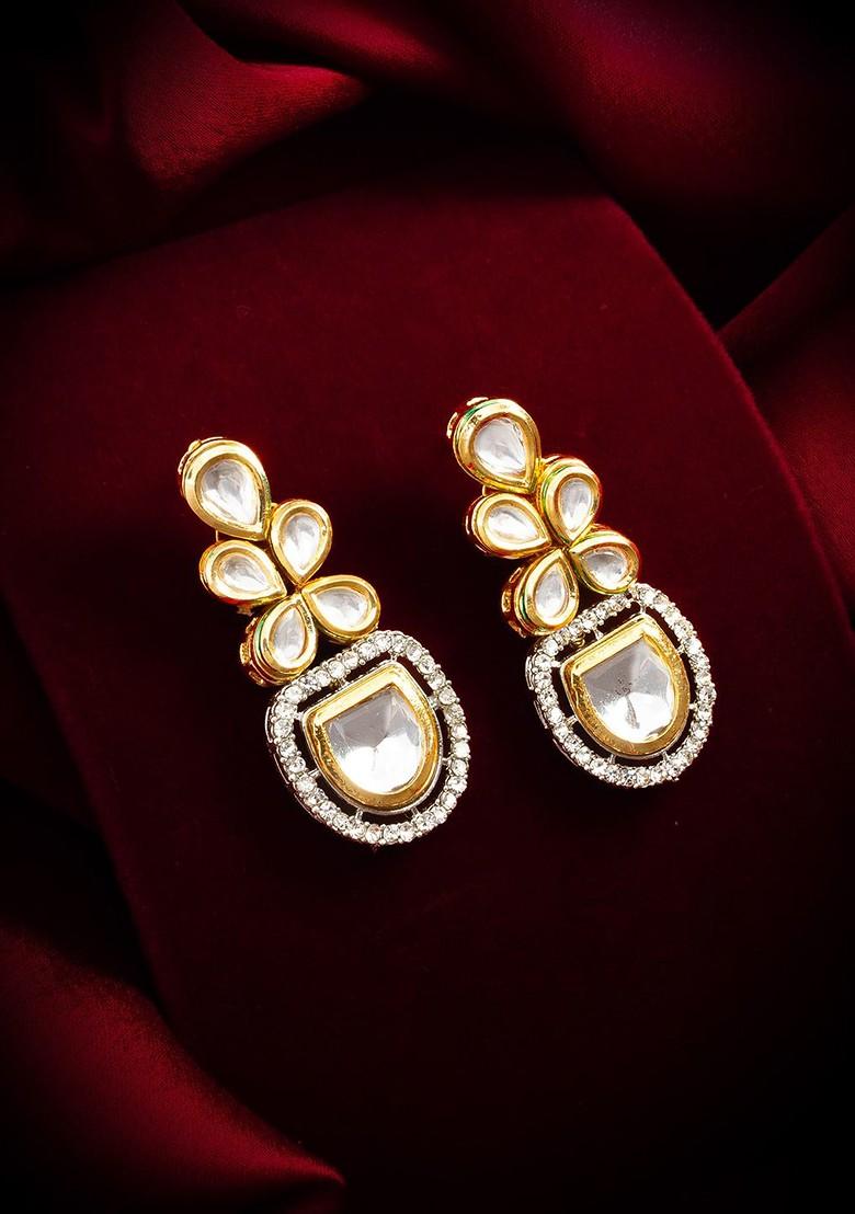 Gold Plated Kundan Studded Contemporary Drop Earrings