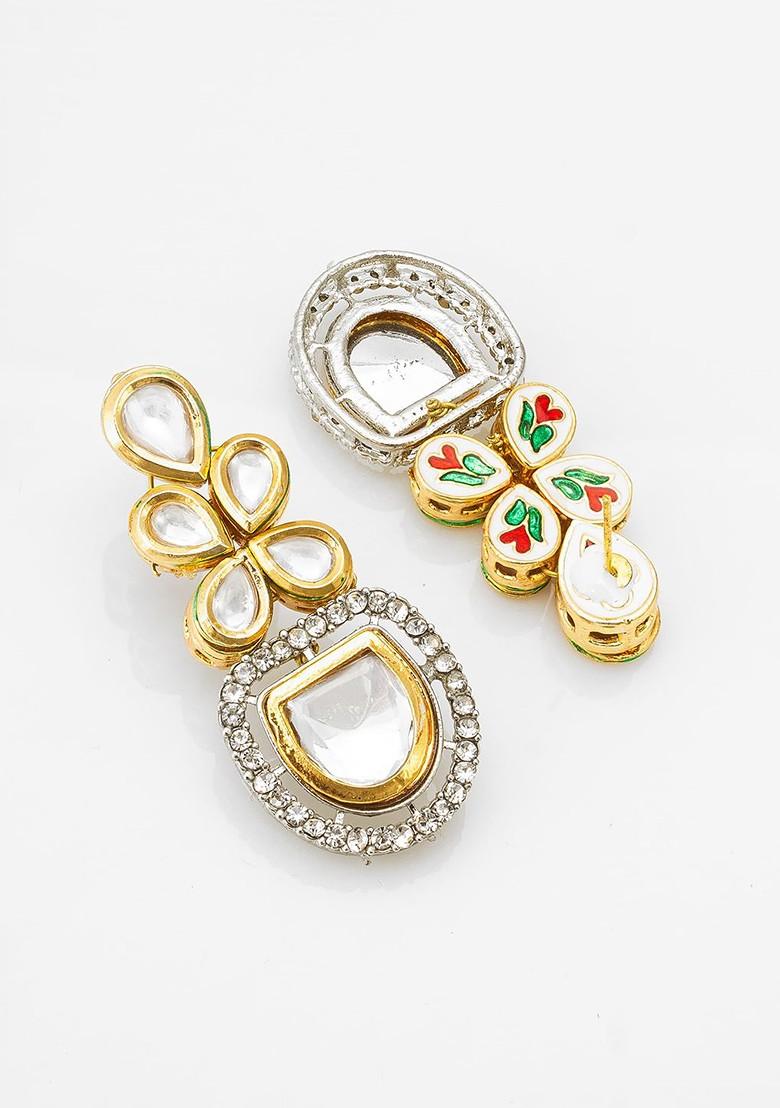 Gold Plated Kundan Studded Contemporary Drop Earrings