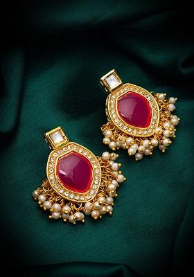 Gold Plated Kundan Studded And Beaded Contemporary Drop Earrings