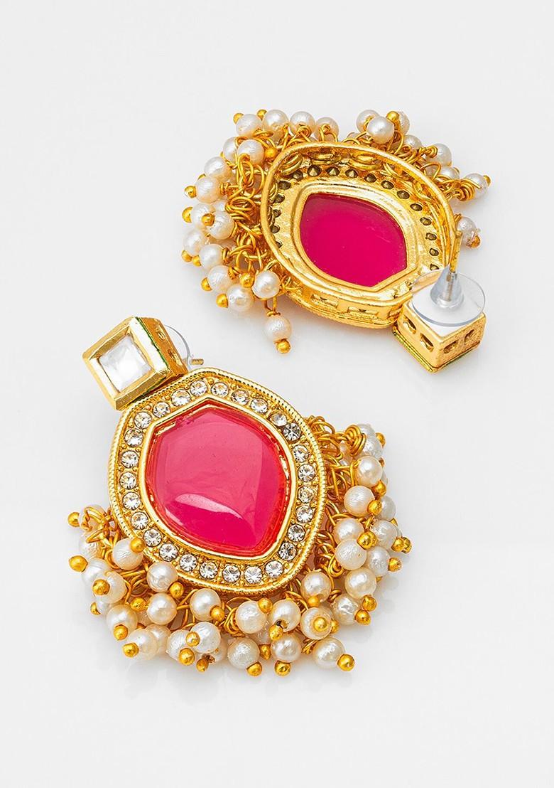 Gold Plated Kundan Studded And Beaded Contemporary Drop Earrings