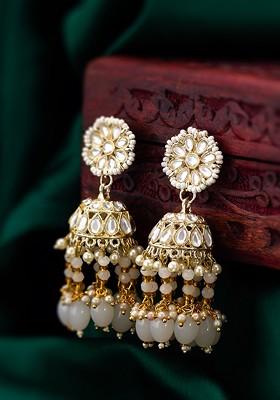 Gold Plated Stone Studded And Beaded Contemporary Jhumkas