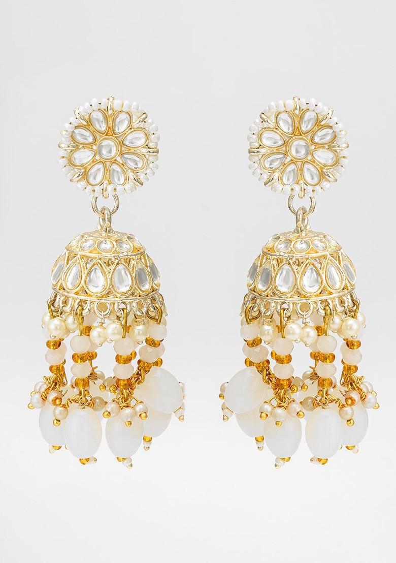 Gold Plated Stone Studded And Beaded Contemporary Jhumkas - Indya