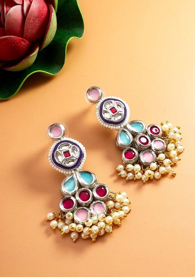 Gold Plated Kundan Studded And Beaded Drop Earrings