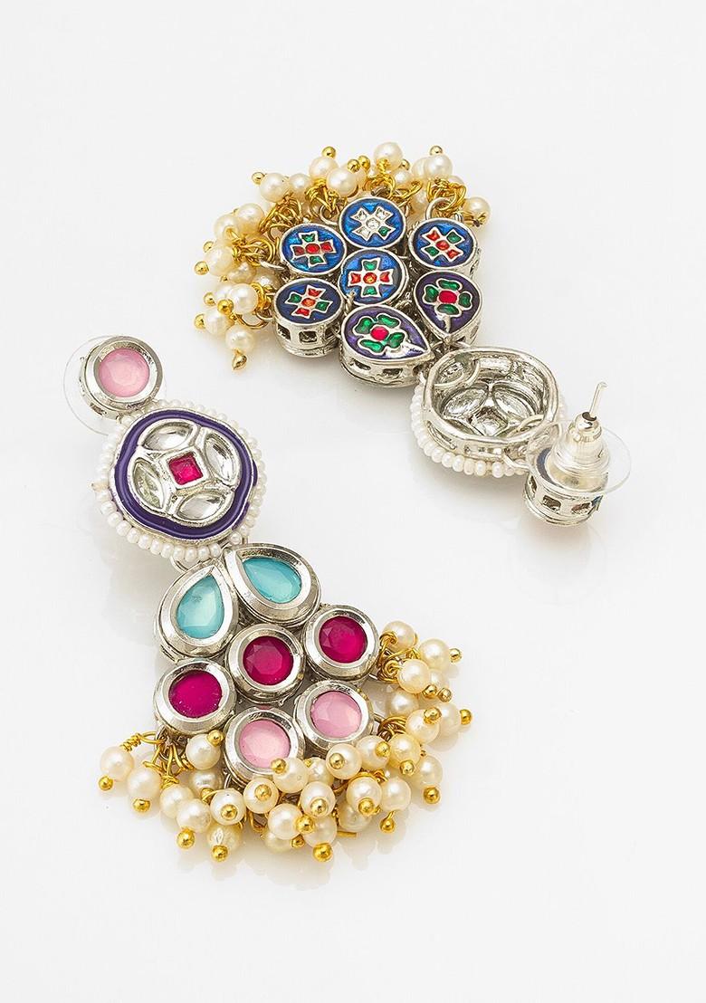 Gold Plated Kundan Studded And Beaded Drop Earrings