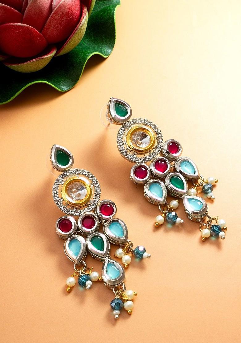 Gold Plated Kundan Studded And Pearl Beaded Drop Earrings