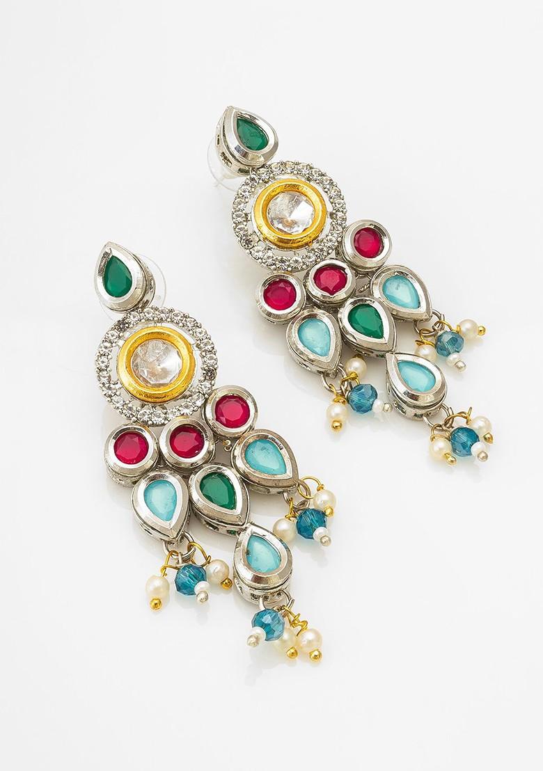Gold Plated Kundan Studded And Pearl Beaded Drop Earrings