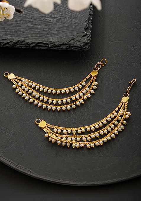 Gold Plated Pearls Beaded Classic Layered Ear Chain