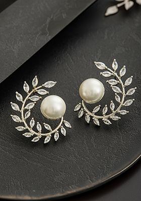 Silver Silver Plated Pearl And American Diamond Studded Contemporary Studs