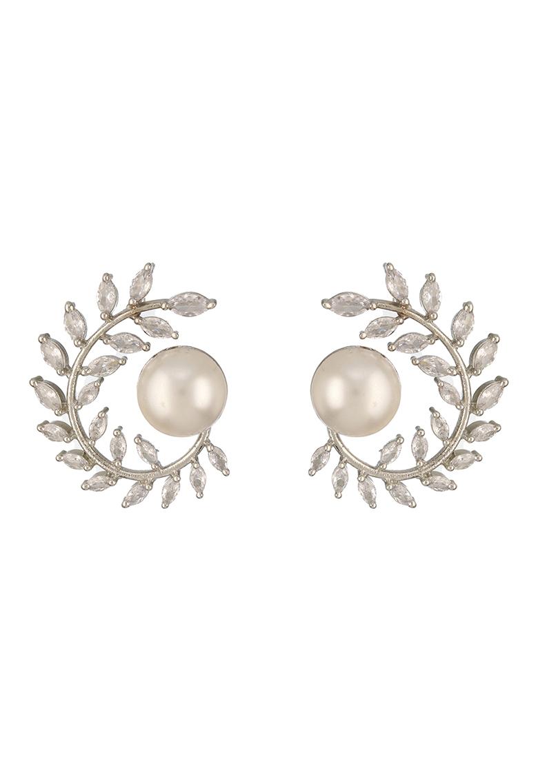 Silver Silver Plated Pearl And American Diamond Studded Contemporary Studs