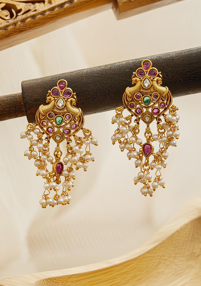 22Kt Gold Plated American Diamond Peacock Shaped Drop Earrings