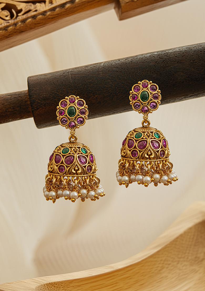 Gold Plated Contemporary Faux Ruby Jhumkas Earrings