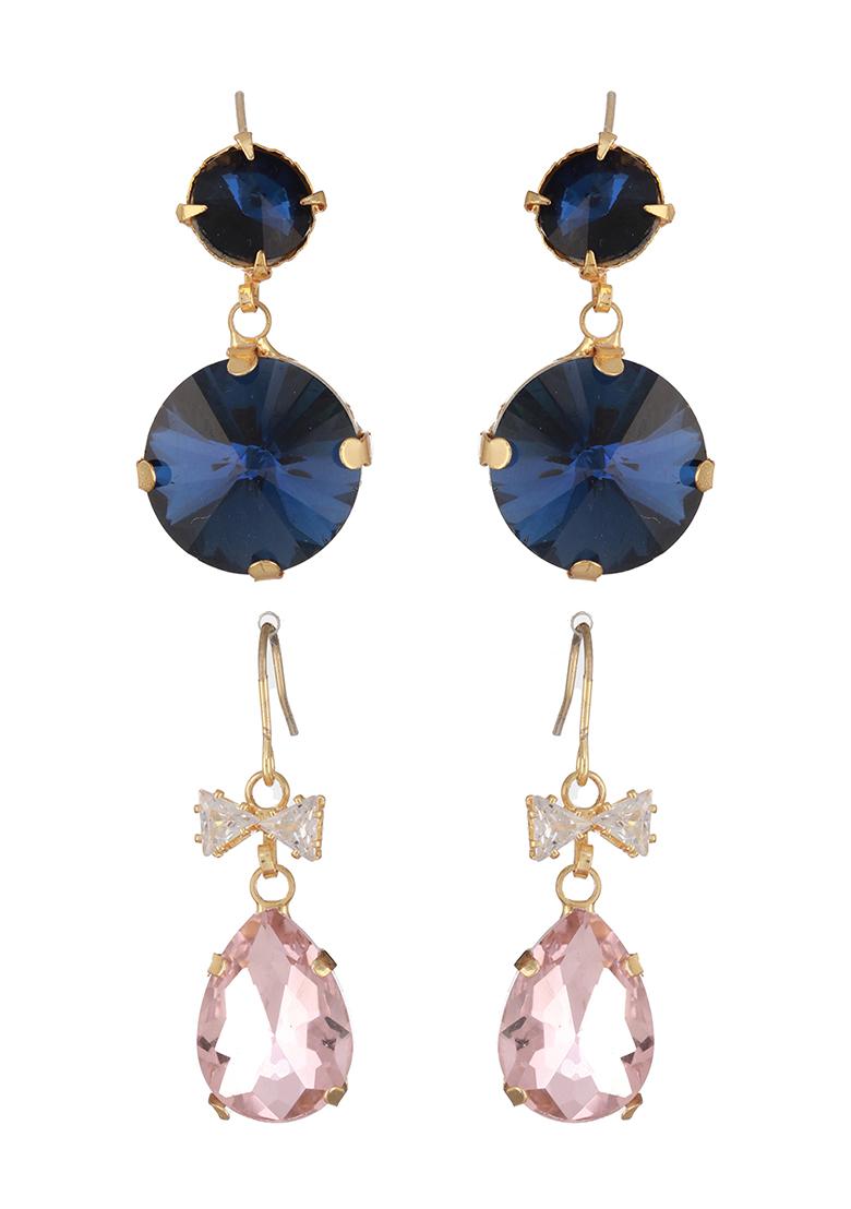 Multi Set Of 2 Gold Plated Artificial Stones Drop Earrings