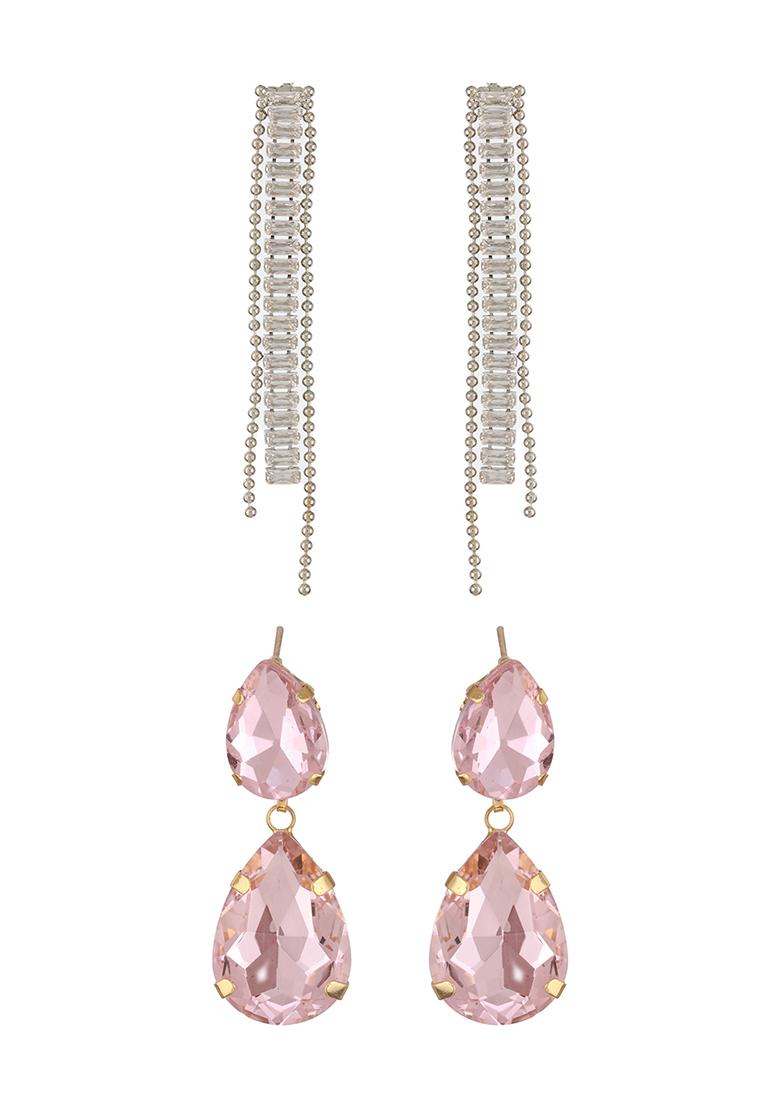 Multi Set Of 2 Gold Plated Contemporary Stone Studded Drop Earrings