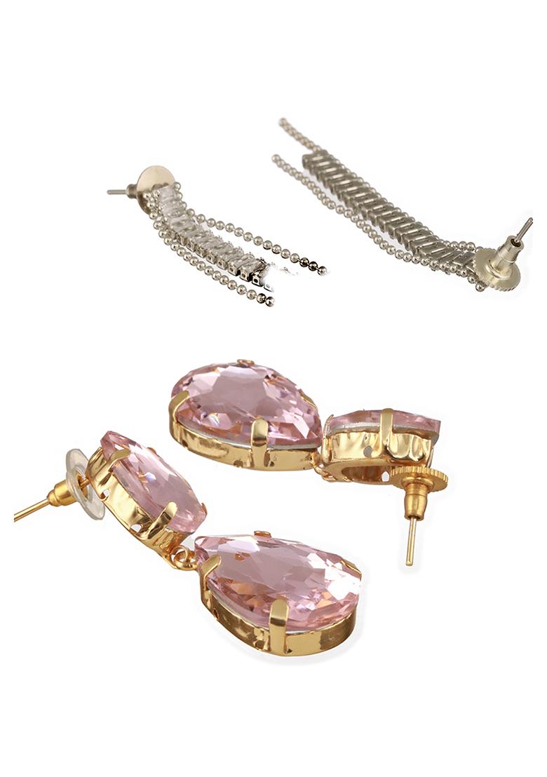 Multi Set Of 2 Gold Plated Contemporary Stone Studded Drop Earrings