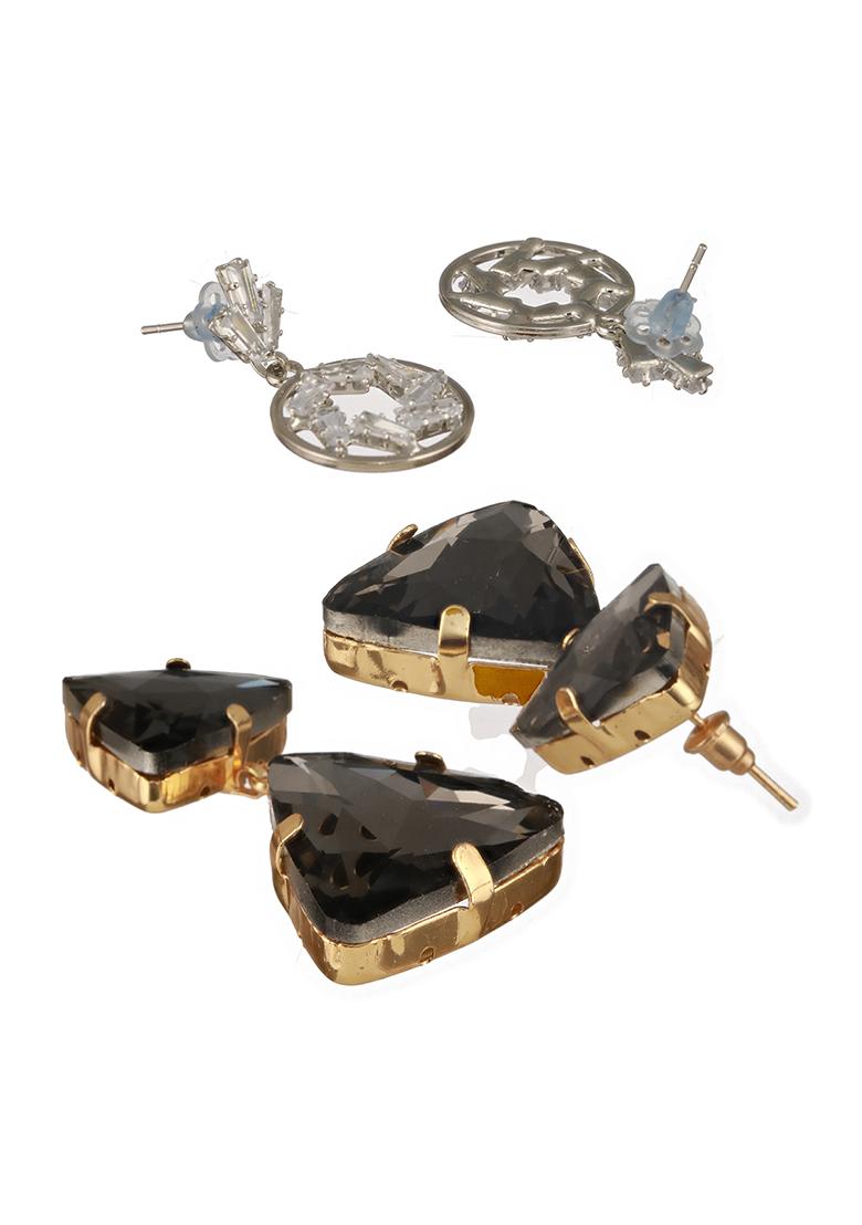 Silver Set Of 2 Gold Rhodium Plated Contemporary Stone Studded Drop Earrings