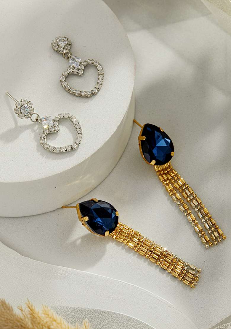 Multi Set Of 2 Rhodium Plated And Cubic Zirconia Studded Drop Earrings - Indya