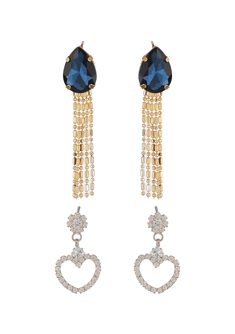 Multi Set Of 2 Rhodium Plated And Cubic Zirconia Studded Drop Earrings