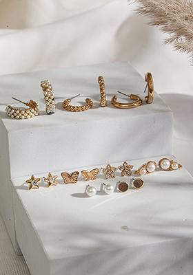 Multi Set Of 9 Gold Plated Artificial Stones Studded Contemporary Drop Earrings