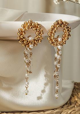 Gold Plated Pearl Beaded Contemporary Drop Earrings