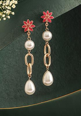 Gold Plated Pearl Beaded Floral Drop Earrings